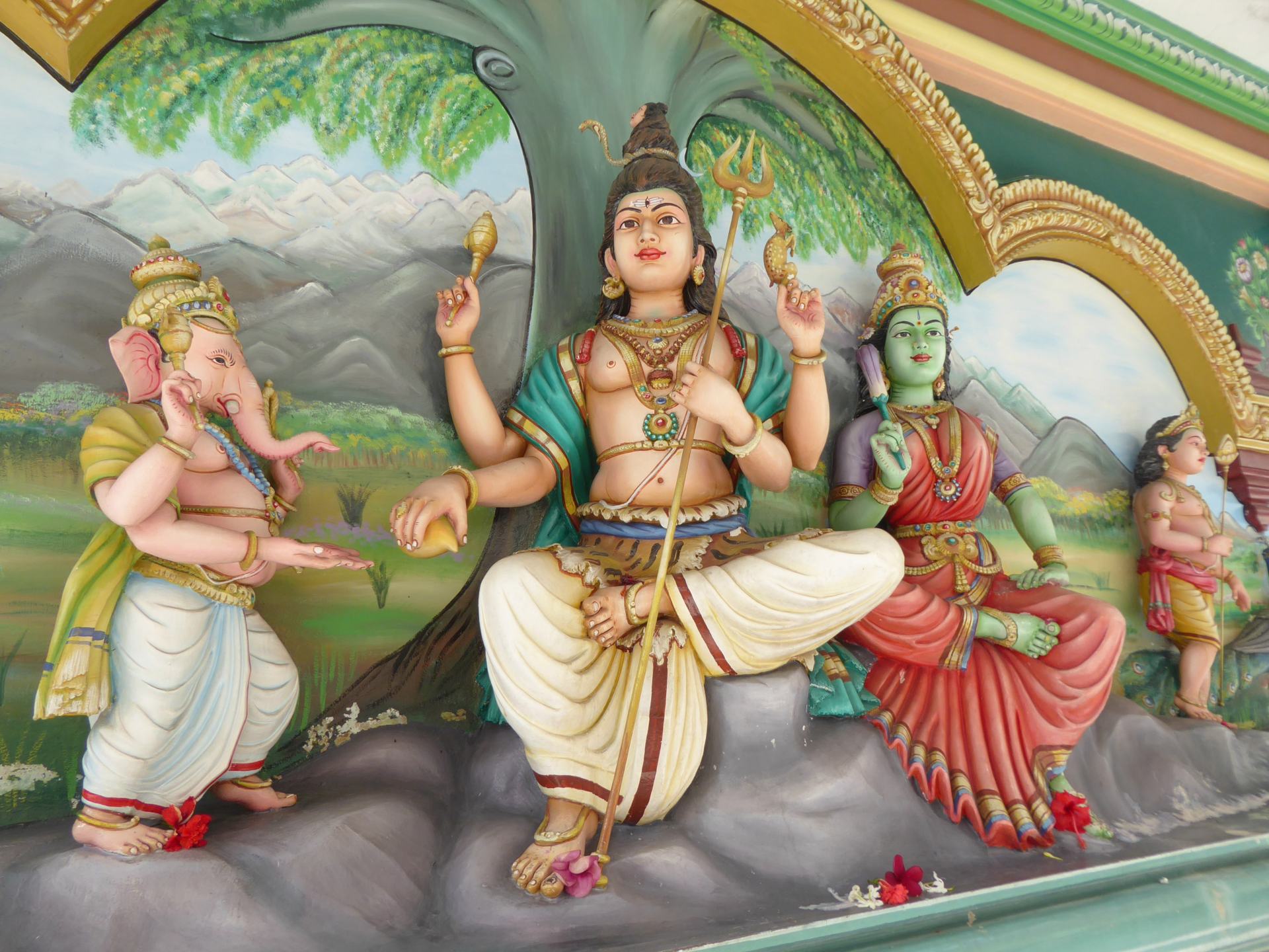 Several brightly coloured statues of Hindu deities in Kuala Lumpur, Malaysia. 