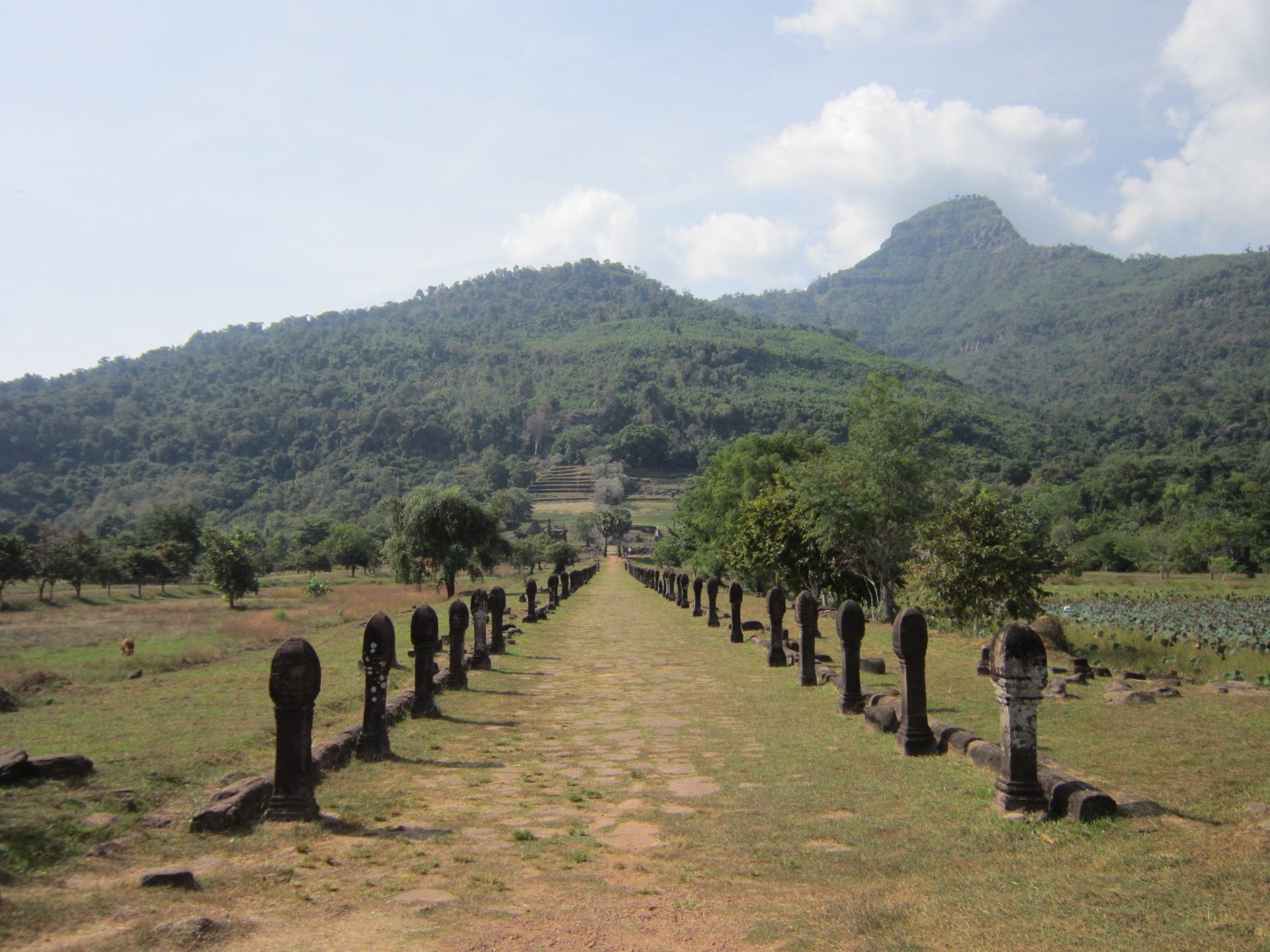 A pathway lined with small pillars, leading to hillside ruins in the distance at Champasak, Laos. 